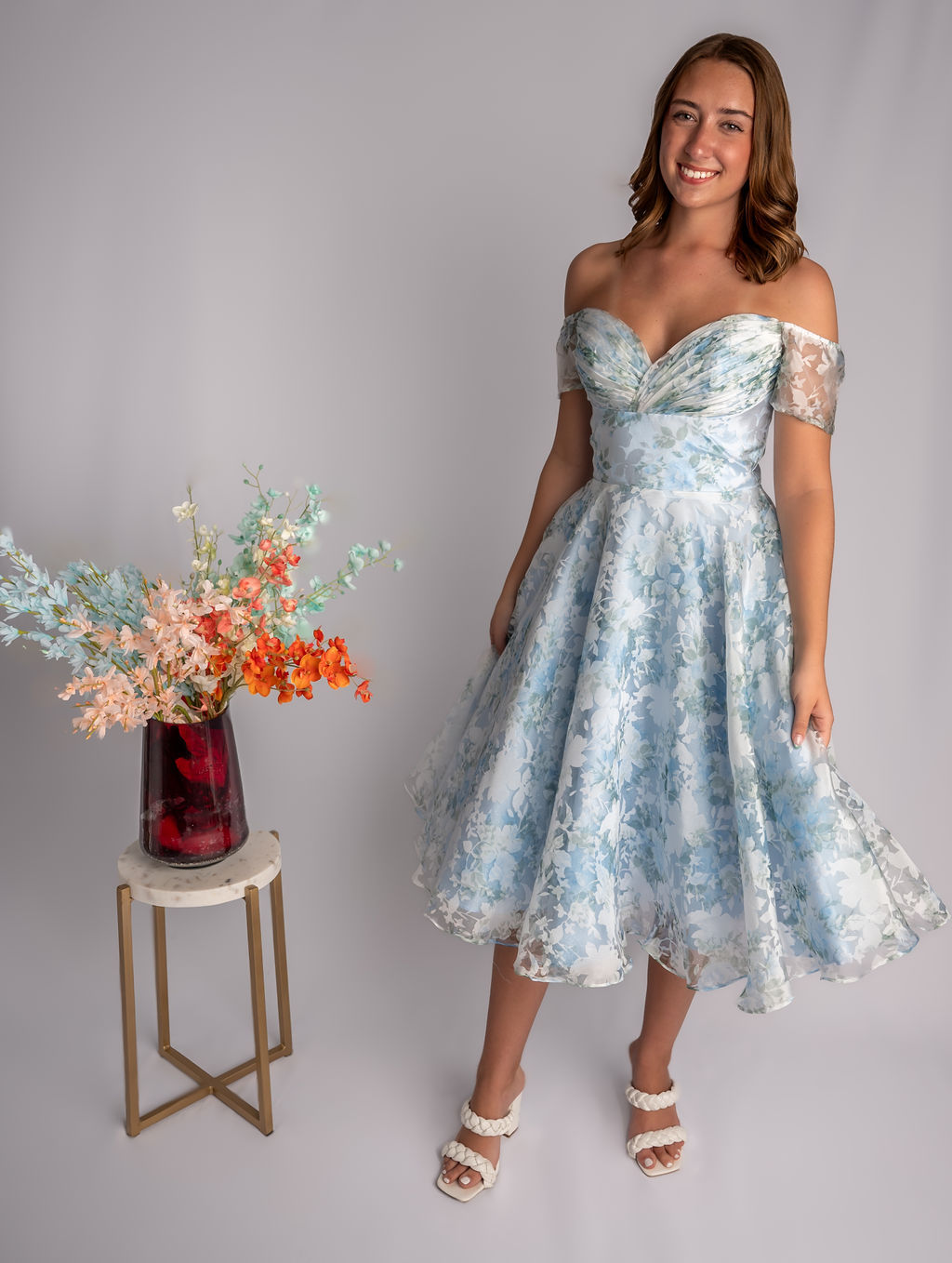 A-Line Midi Floral Sweetheart Off Shoulder Mesh Sleeves Prom Dress #CL037