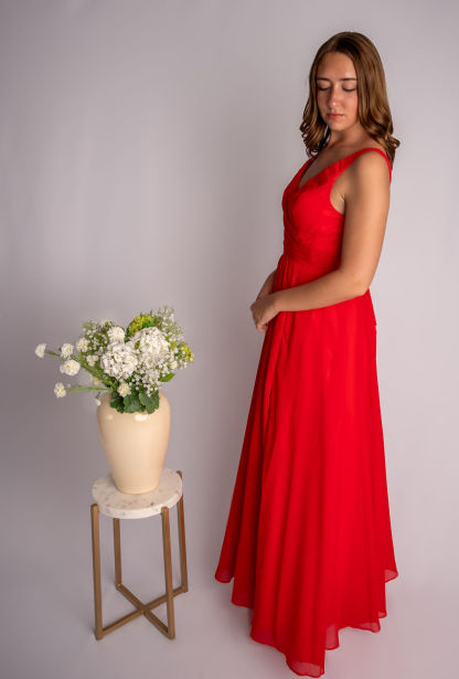 A-Line V-Neck Slit Ruffles Sleeveless Bridesmaid Dress #RJBM007