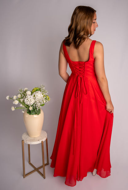 A-Line V-Neck Slit Ruffles Sleeveless Bridesmaid Dress #RJBM007
