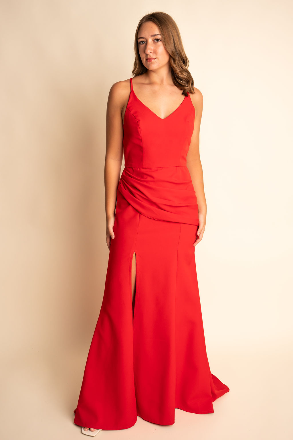 Sheath V-Neck Spaghetti Straps Slit Ruffles Bridesmaid Dress #RJBM008