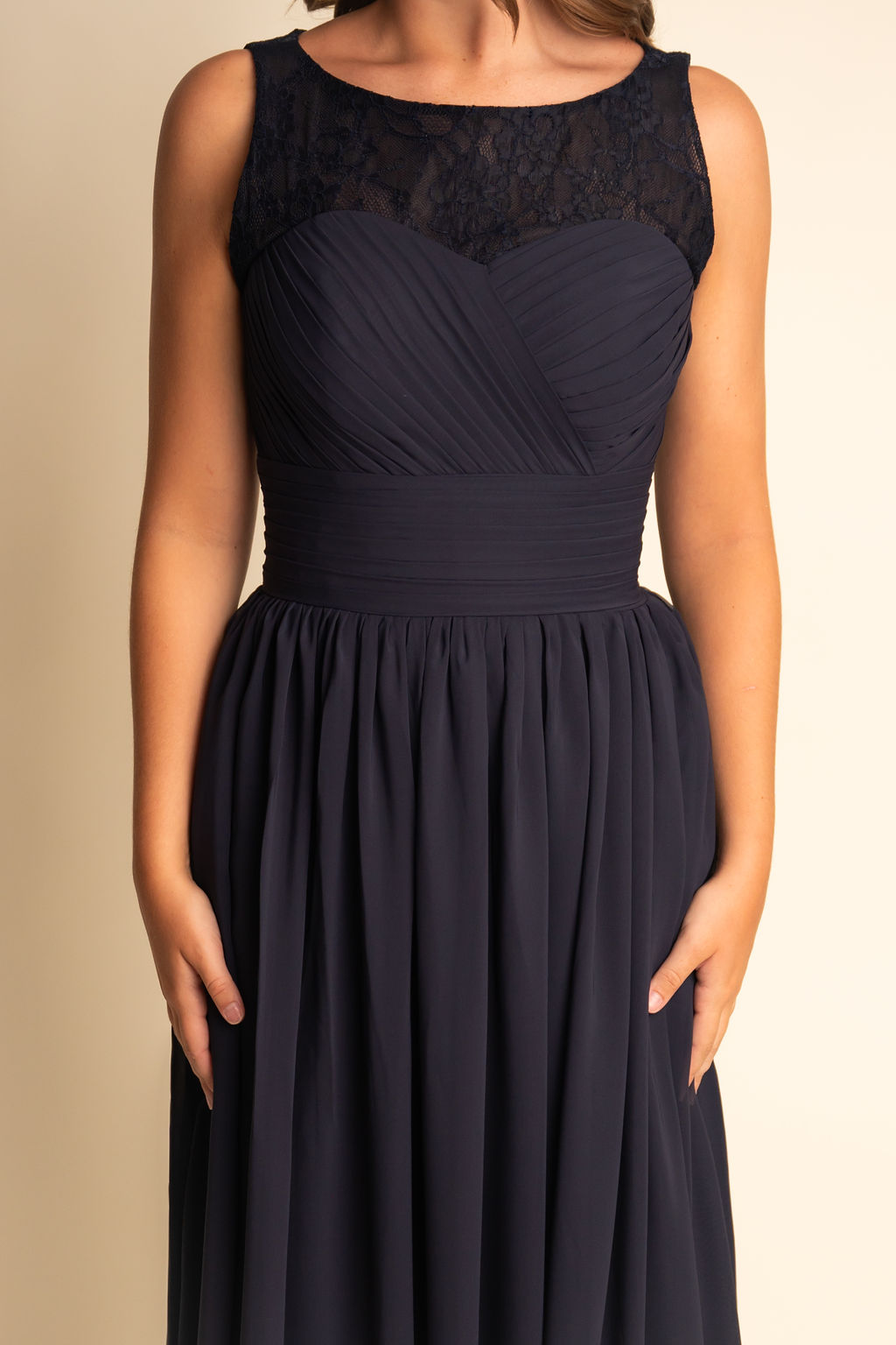 A-Line High Neck Lace Ribbon Belt Bridesmaid Dress #RJBM043