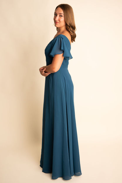 A-Line Chiffon V Neck Flutter Sleeve Bridesmaid Dress #RJBM044