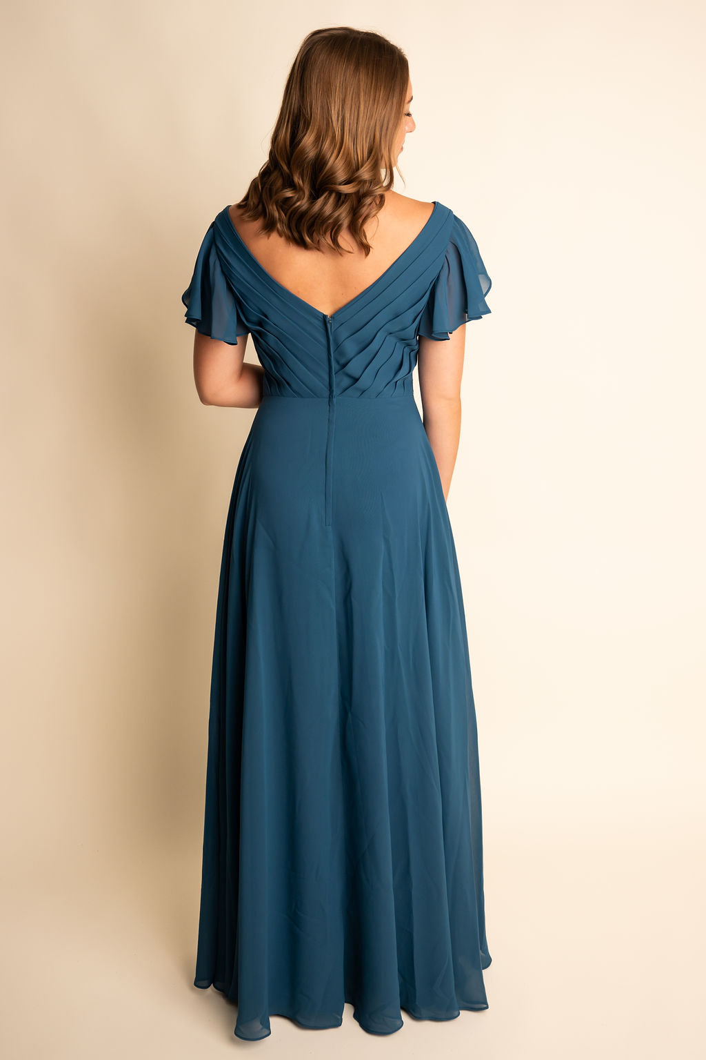 A-Line Chiffon V Neck Flutter Sleeve Bridesmaid Dress #RJBM044