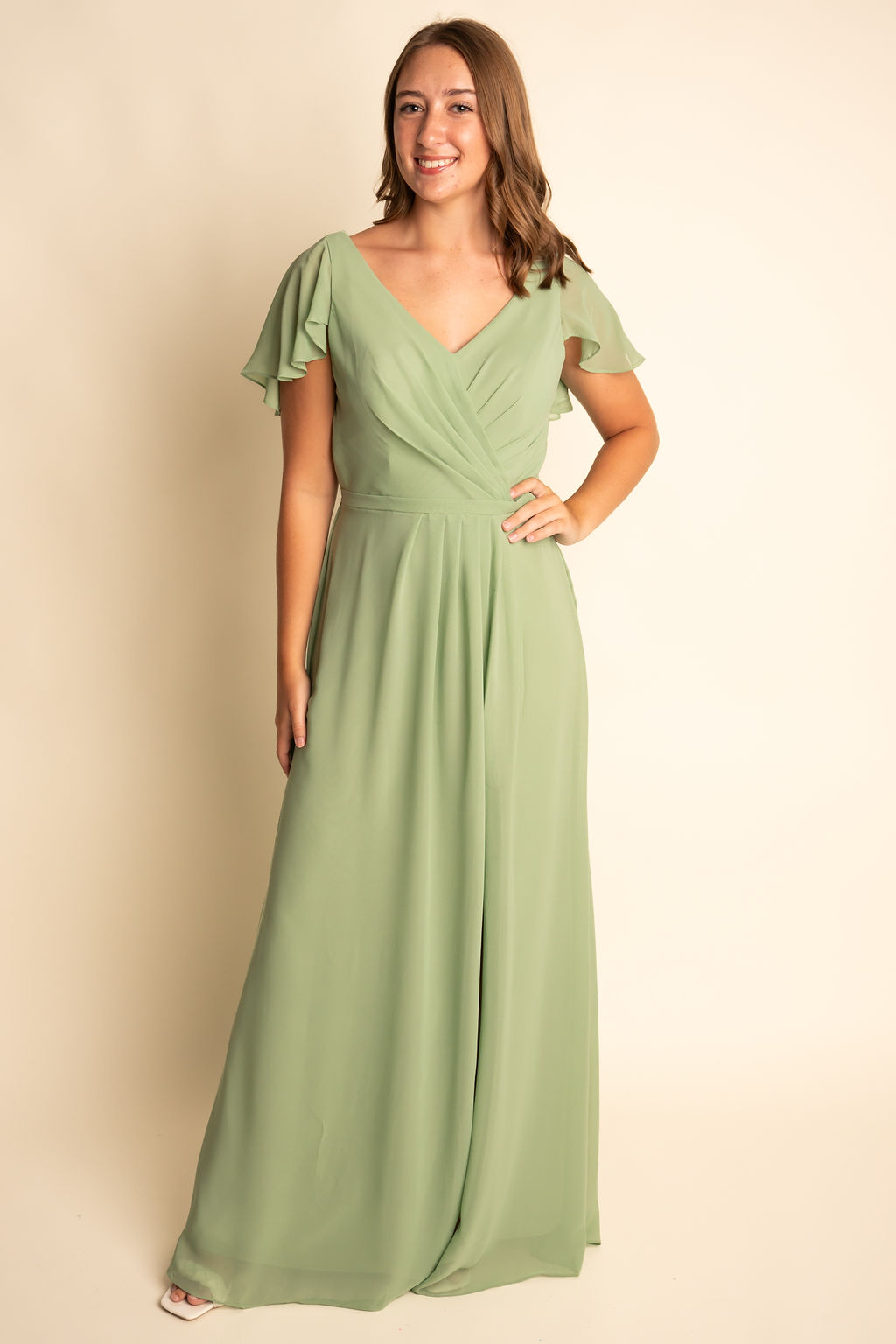 A-Line Light Green Chiffon V Neck Flutter Sleeve Bridesmaid Dress #RJBM049