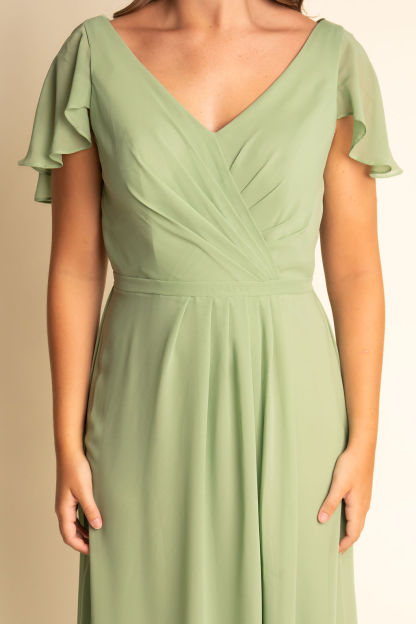 A-Line Light Green Chiffon V Neck Flutter Sleeve Bridesmaid Dress #RJBM049