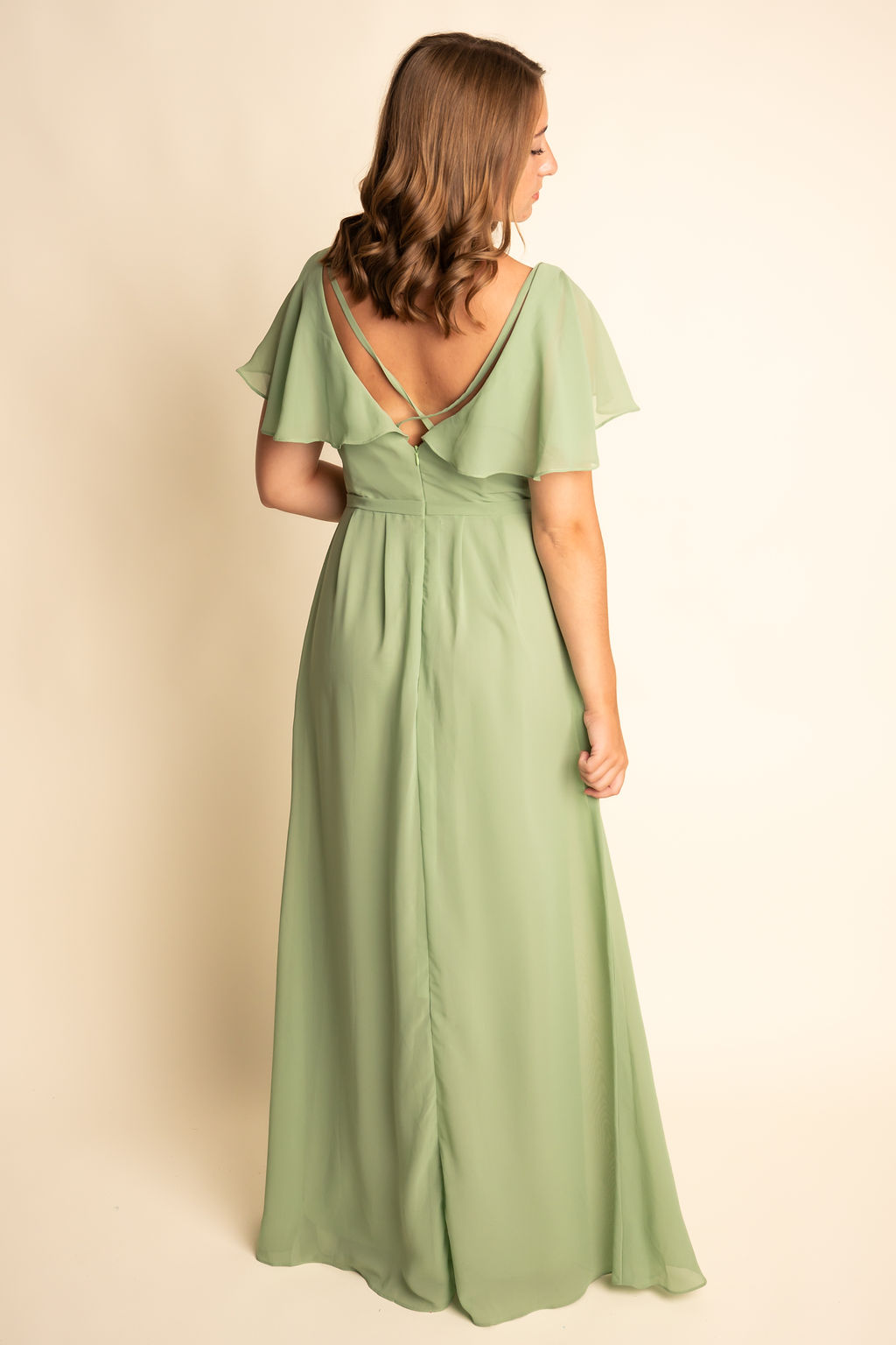 A-Line Light Green Chiffon V Neck Flutter Sleeve Bridesmaid Dress #RJBM049
