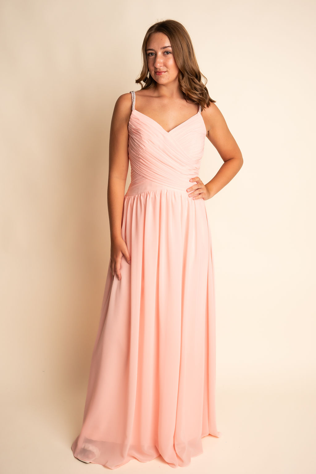 Flowy A-Line V-Neck Chiffon Spaghetti Straps Slit Bridesmaid Dress #RJBM051