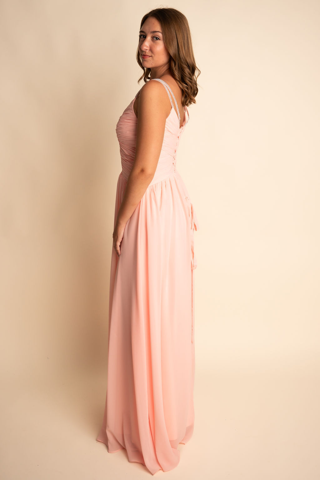 Flowy A-Line V-Neck Chiffon Spaghetti Straps Slit Bridesmaid Dress #RJBM051