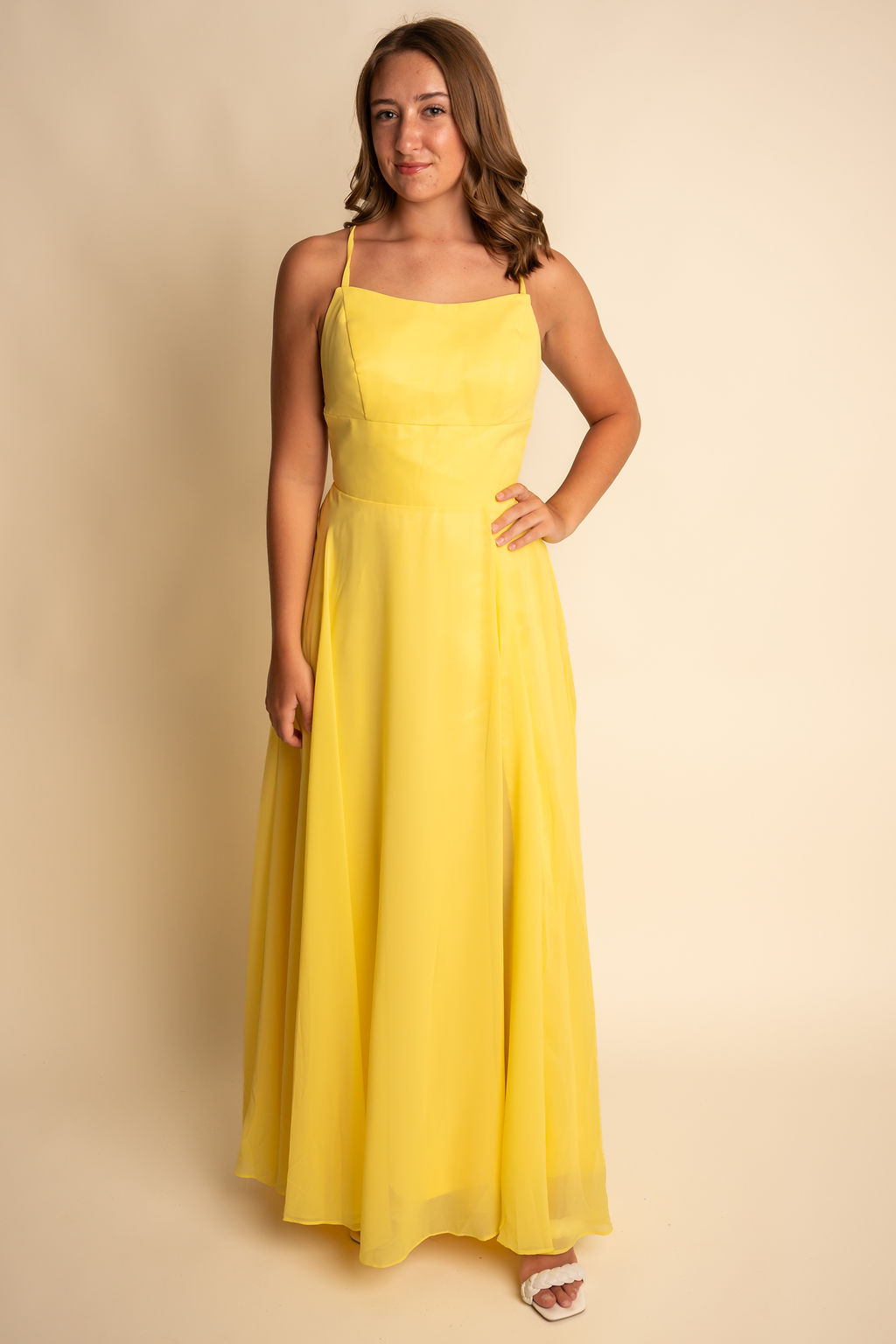 A-Line Spaghetti Straps Yellow Scoop Slit Bridesmaid Dress #RJBM054