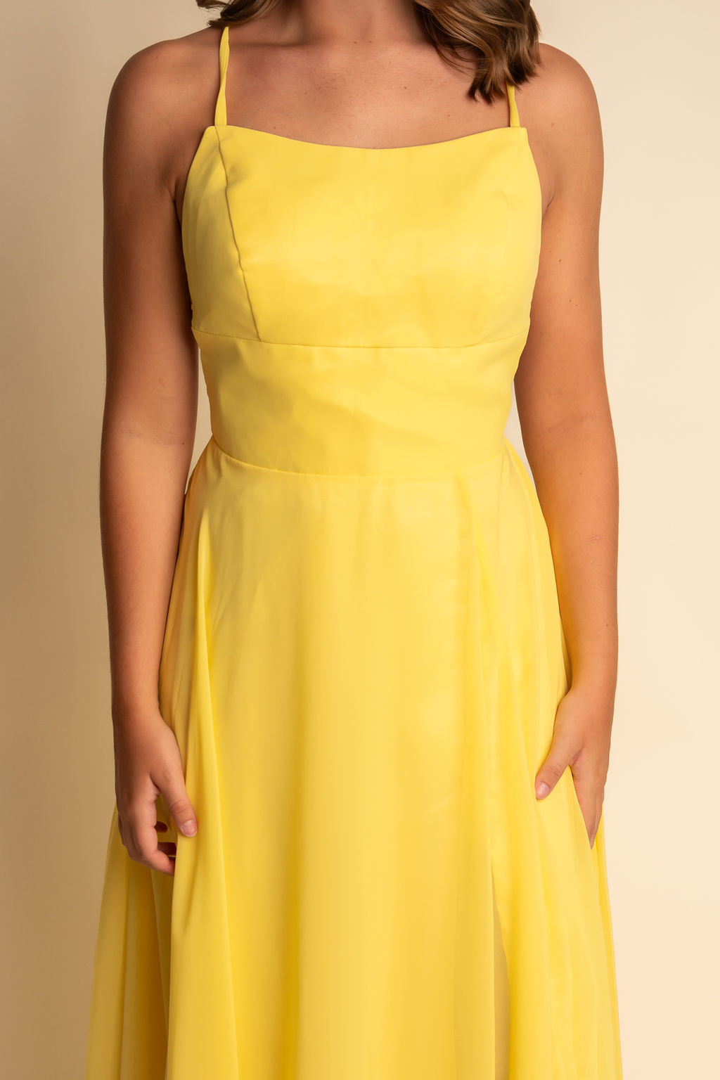 A-Line Spaghetti Straps Yellow Scoop Slit Bridesmaid Dress #RJBM054