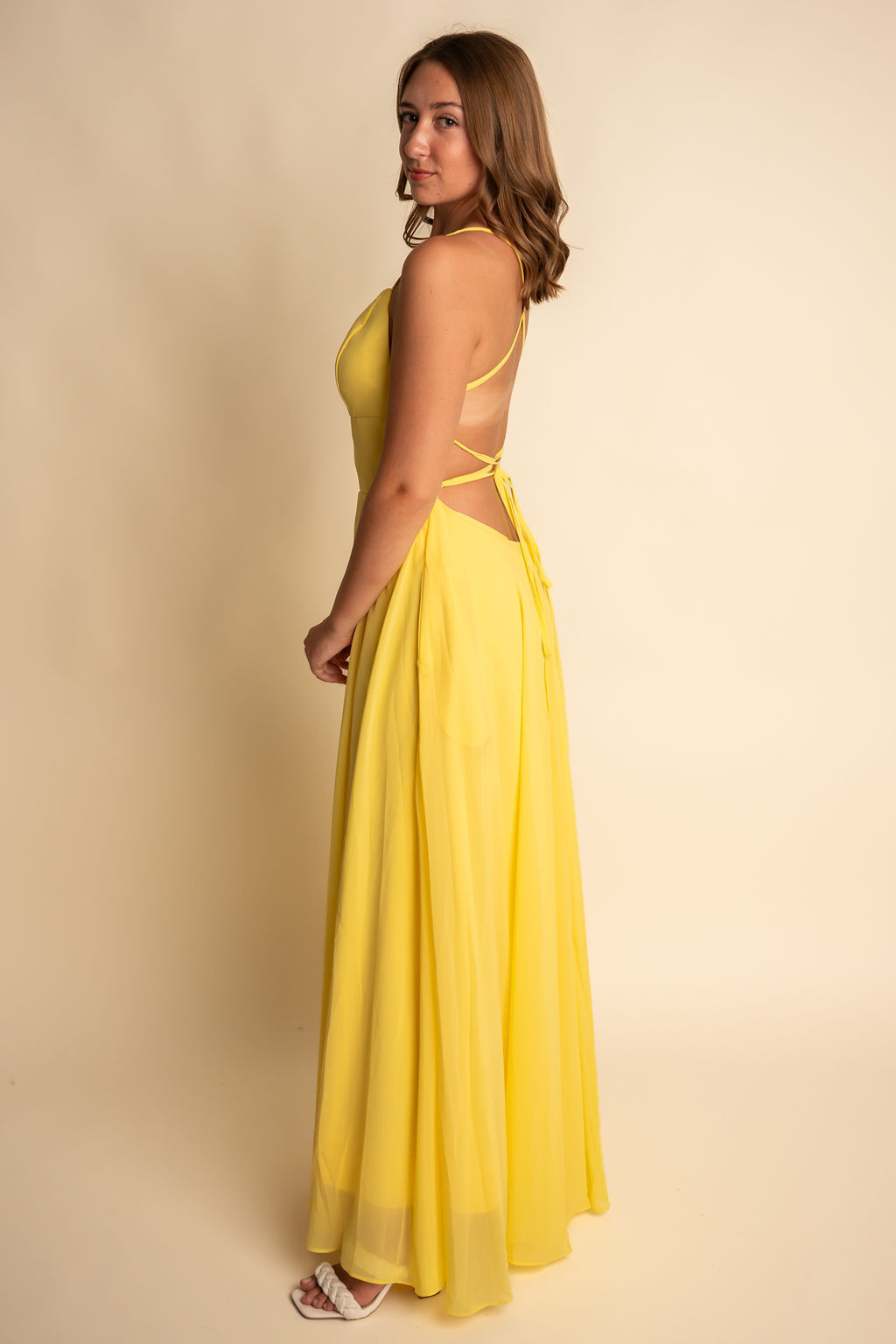 A-Line Spaghetti Straps Yellow Scoop Slit Bridesmaid Dress #RJBM054