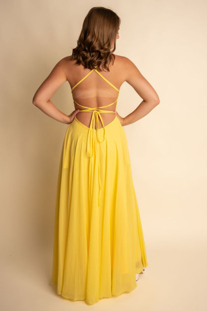 A-Line Spaghetti Straps Yellow Scoop Slit Bridesmaid Dress #RJBM054