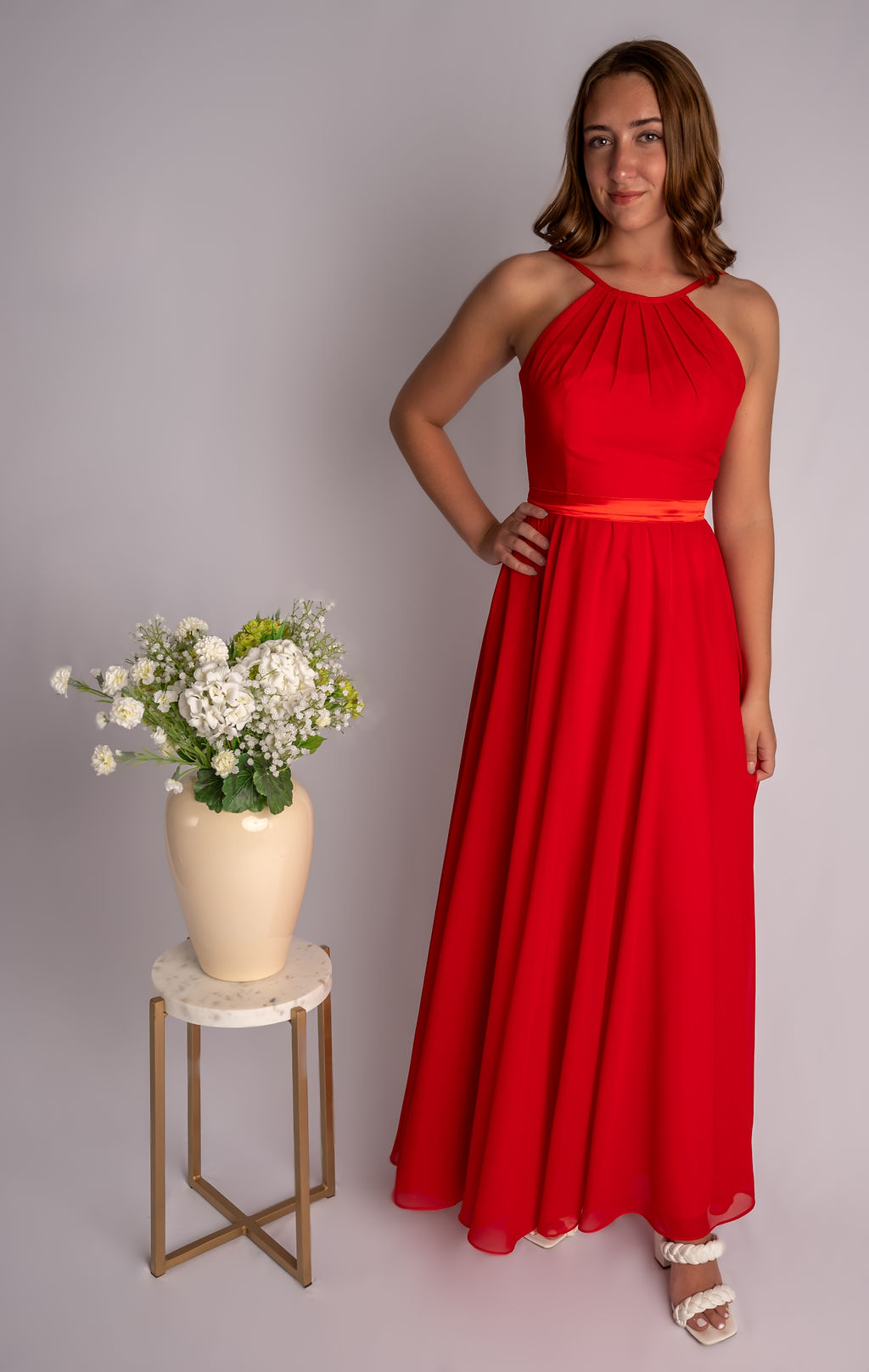 A-Line High Neck Ribbon Belt Bridesmaid Dress #RJBM005