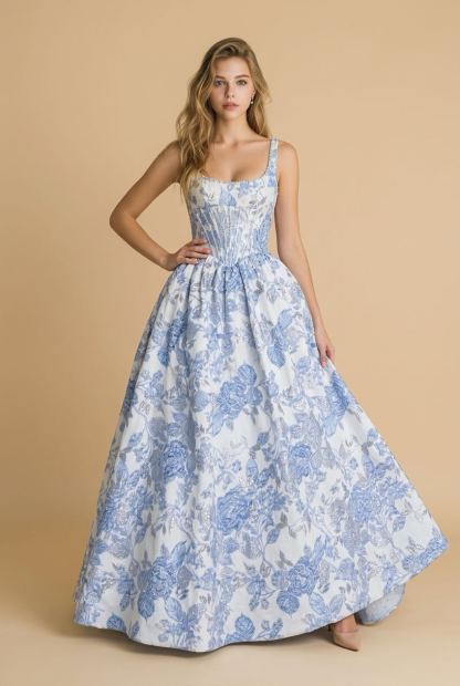 #3716 Brocade ballgown with corset bodice and pearl embellishments.  