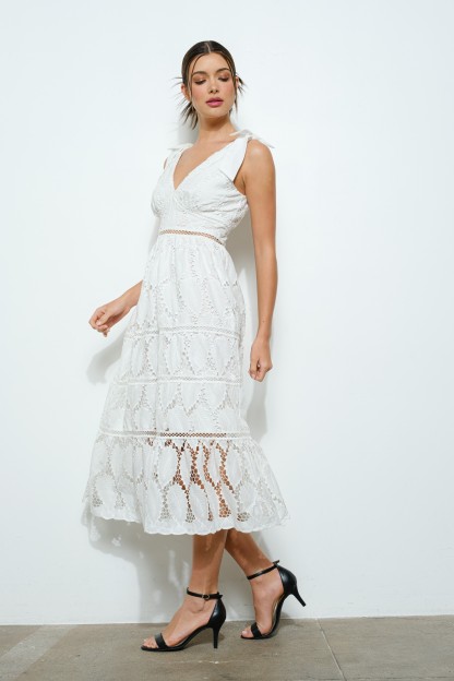 Lace Ribbon Accent Sleeveless Midi Dress #23558090