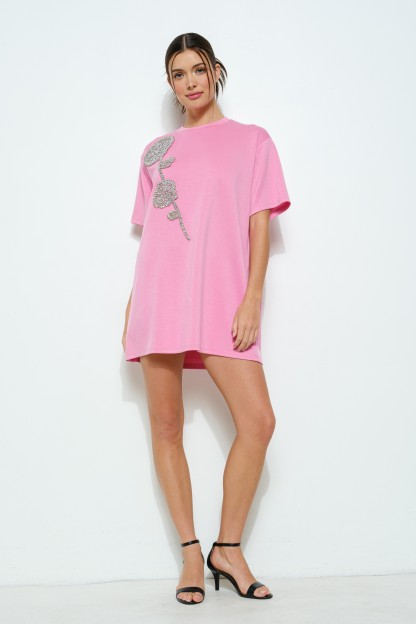 Rhinestone Beaded Flower Embellished T-shirt Dress #23560579