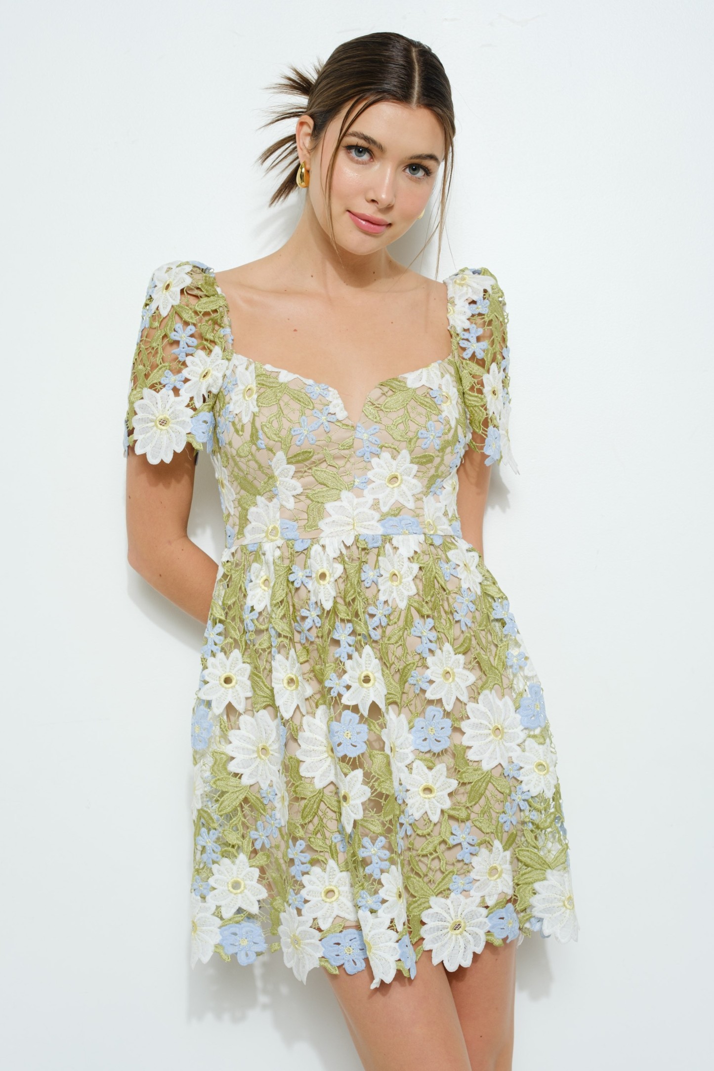 Floral Lace Puff Sleeve Embroidered Mini Dress #23640357