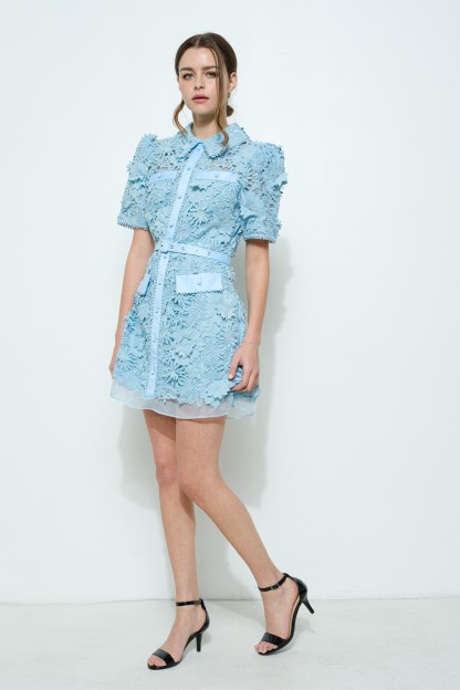 Short Puff Sleeve Floral Lace Belted Mini Dress #23642768