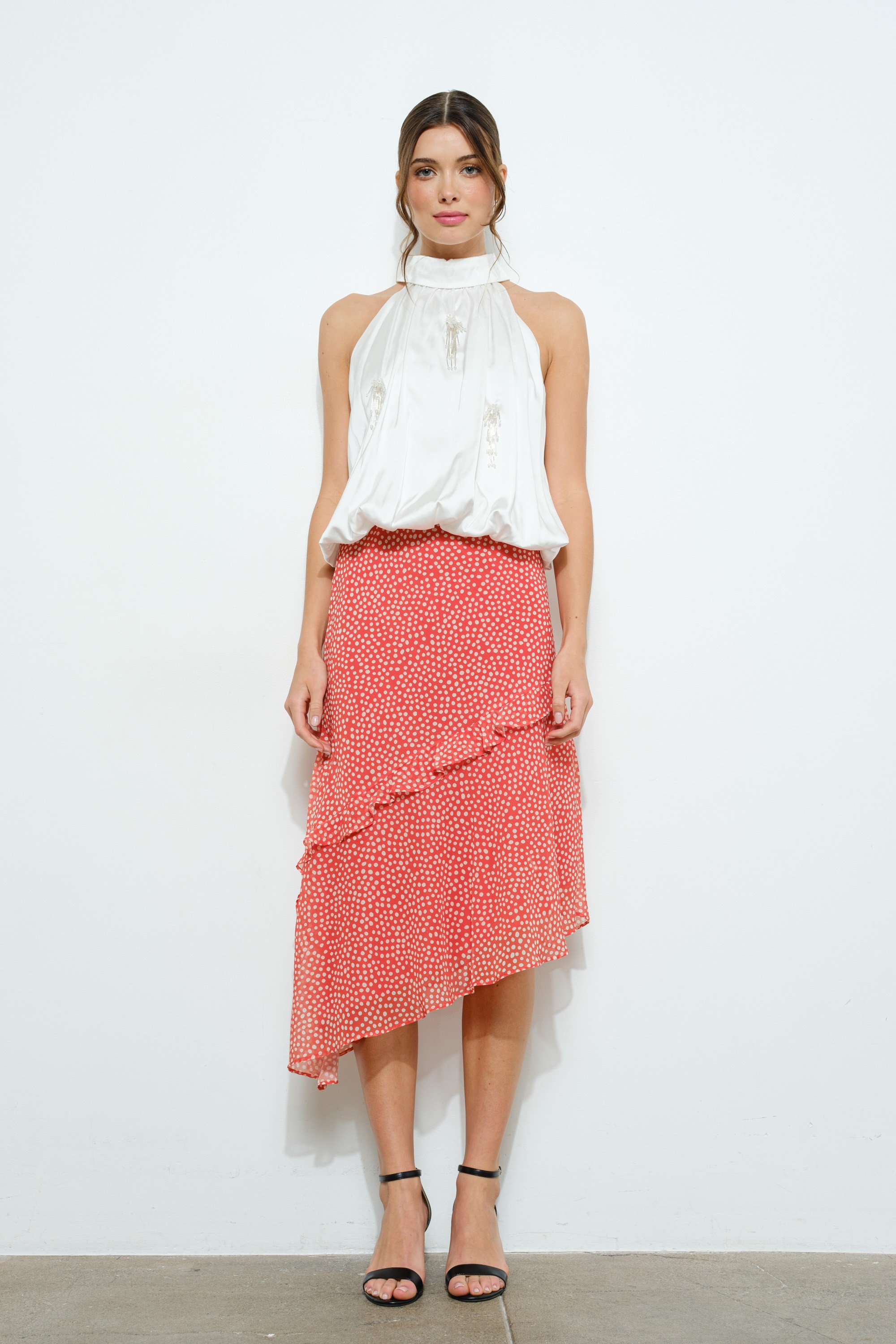 Asymmetrical Ruffled Polka Dot Midi Skirt #23514544