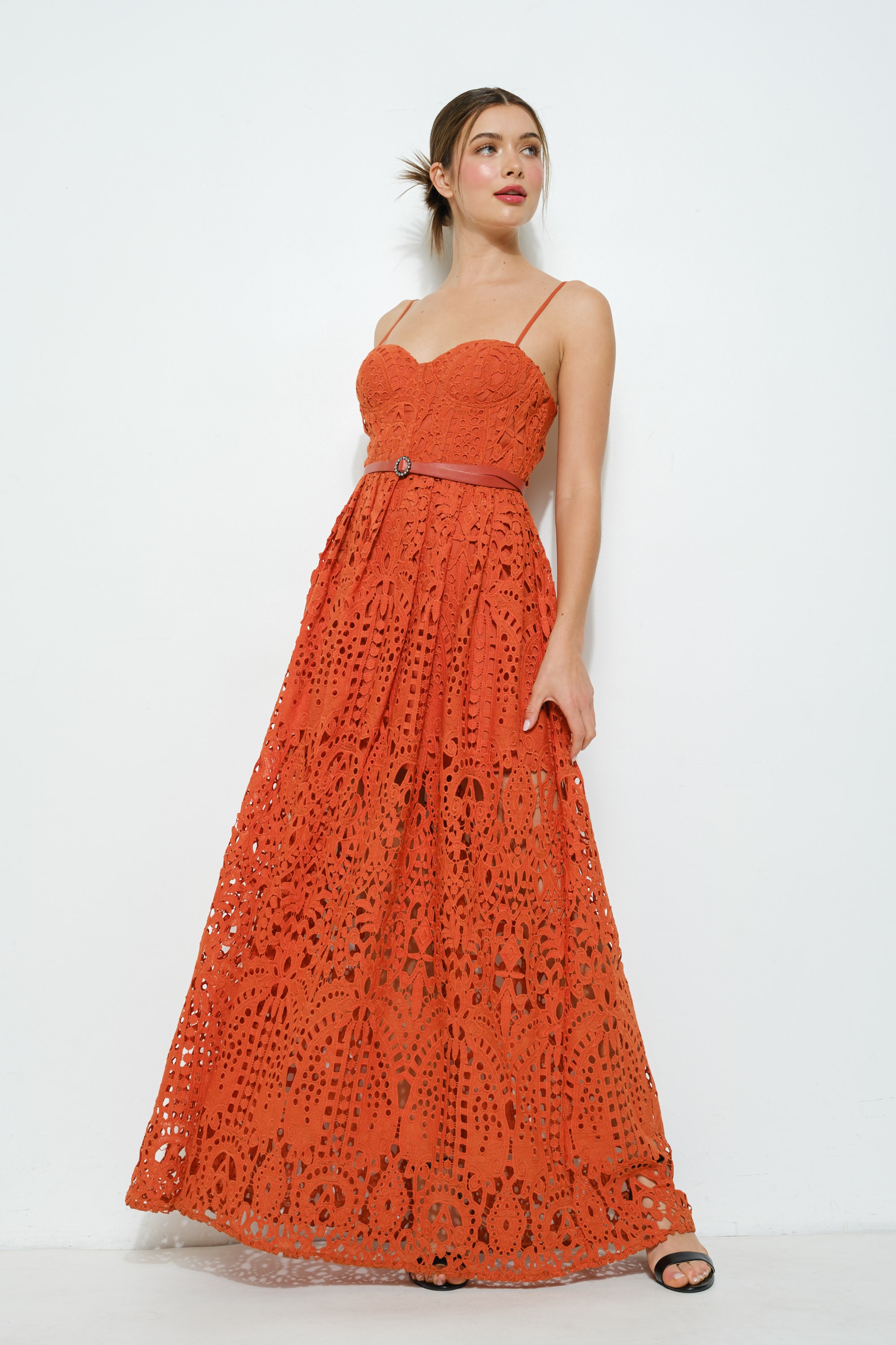 Lace Maxi Spaghetti Strap Dress With Belt #23642860