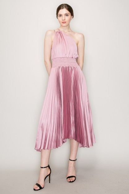 Pleated Satin One Shoulder Strap Cutout Midi Dress #23551381