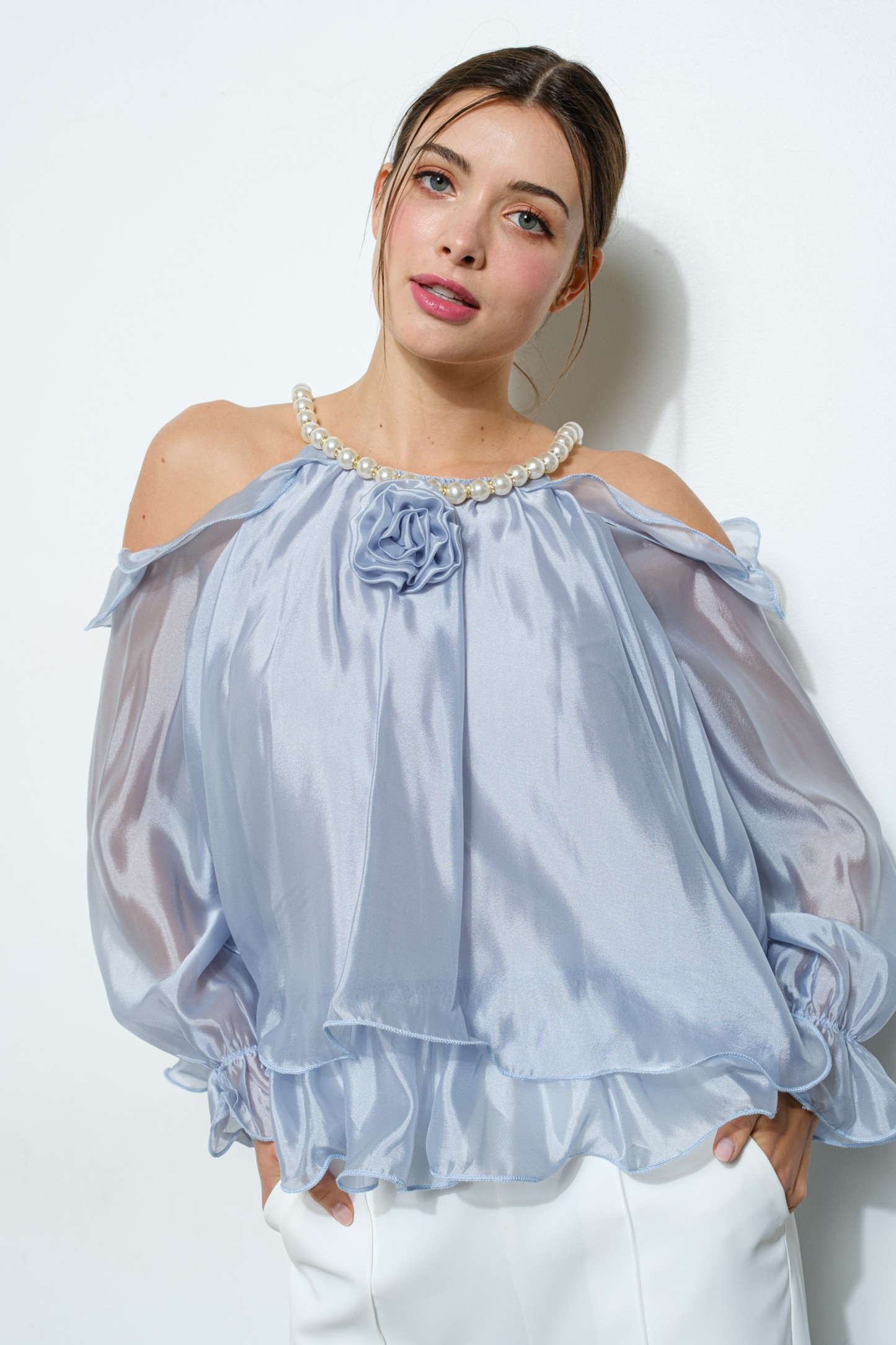 Off-shoulder Pearl Accent Organza Ruffle Blouse #23509052