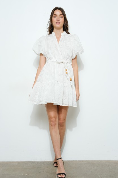 Embroidered Short Puff Sleeve Mini Dress #23699337