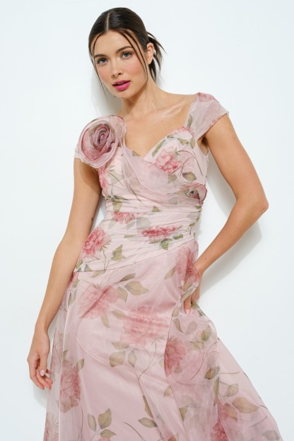 Floral Print Flower Corsage Detail Maxi Dress #23700148