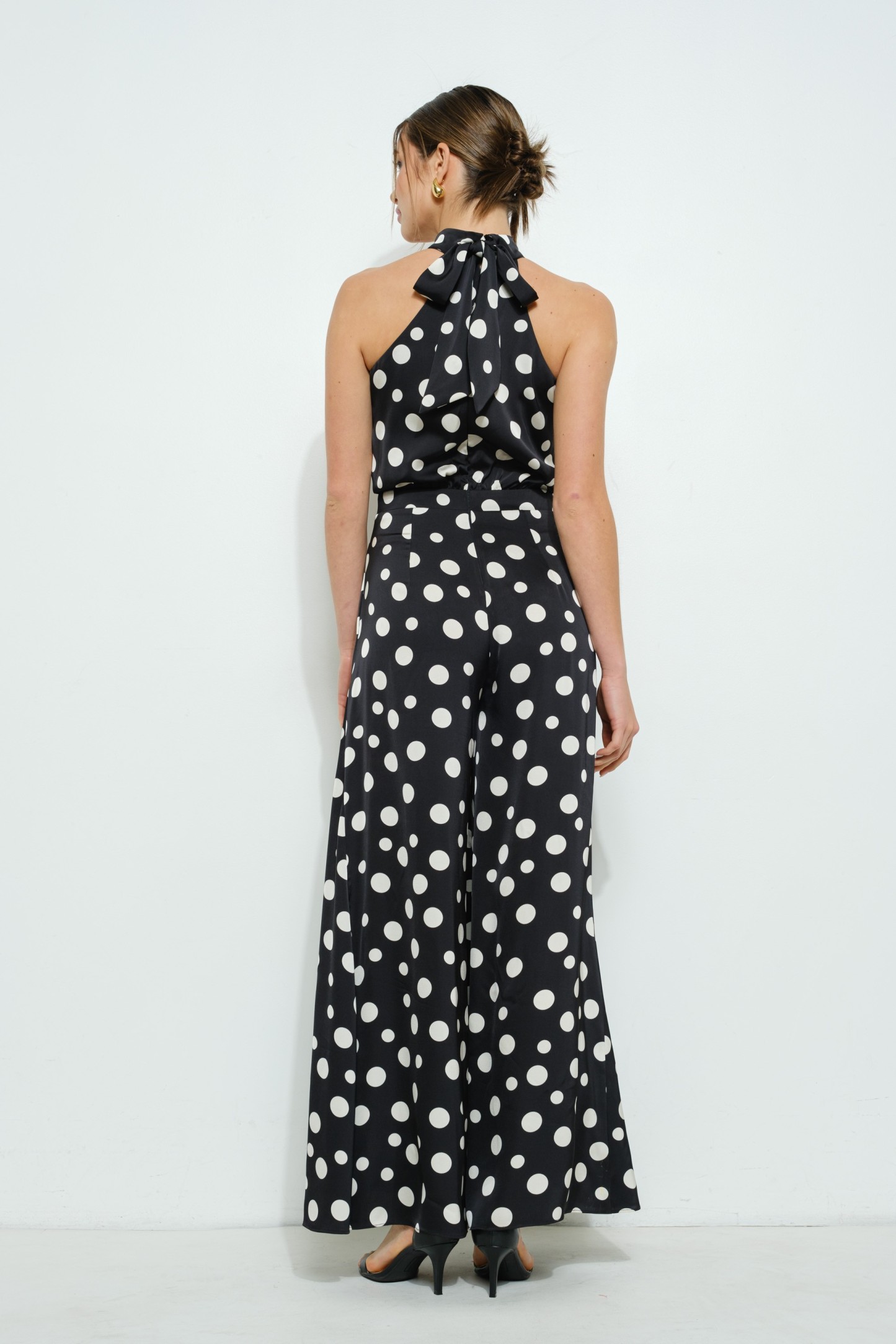Polka Dot Print Halter Neck Wide-leg Jumpsuit #23673191