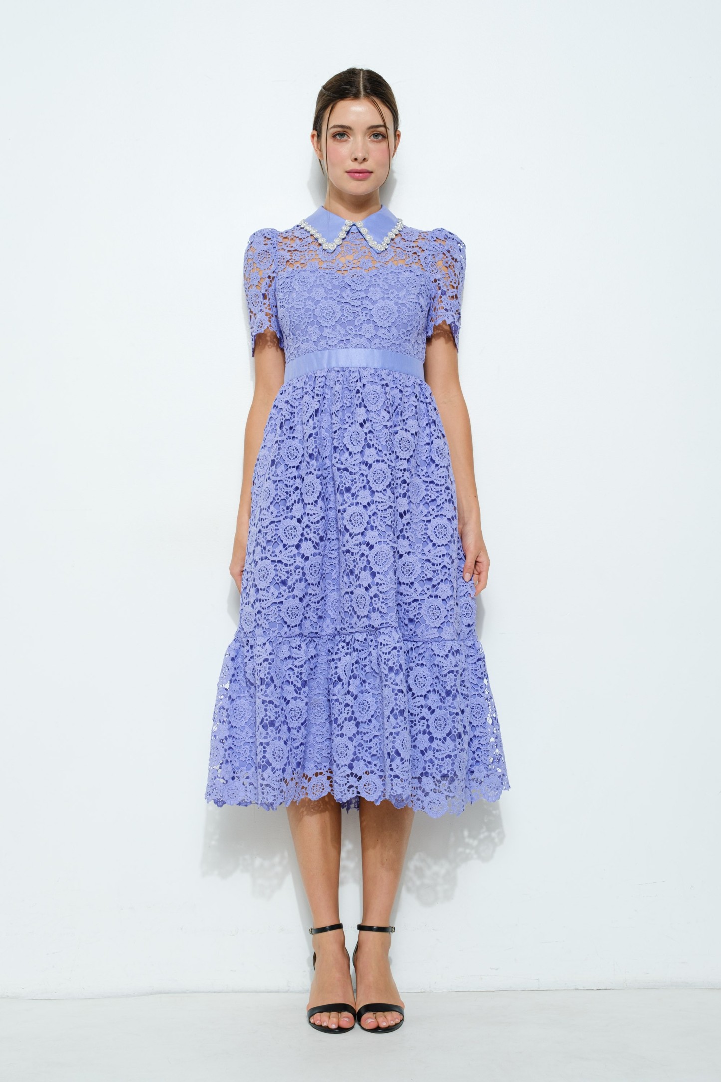 Pearl Embellished Collar Lace Midi Dress #23557937