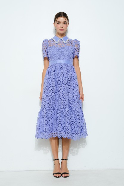 Pearl Embellished Collar Lace Midi Dress #23557937