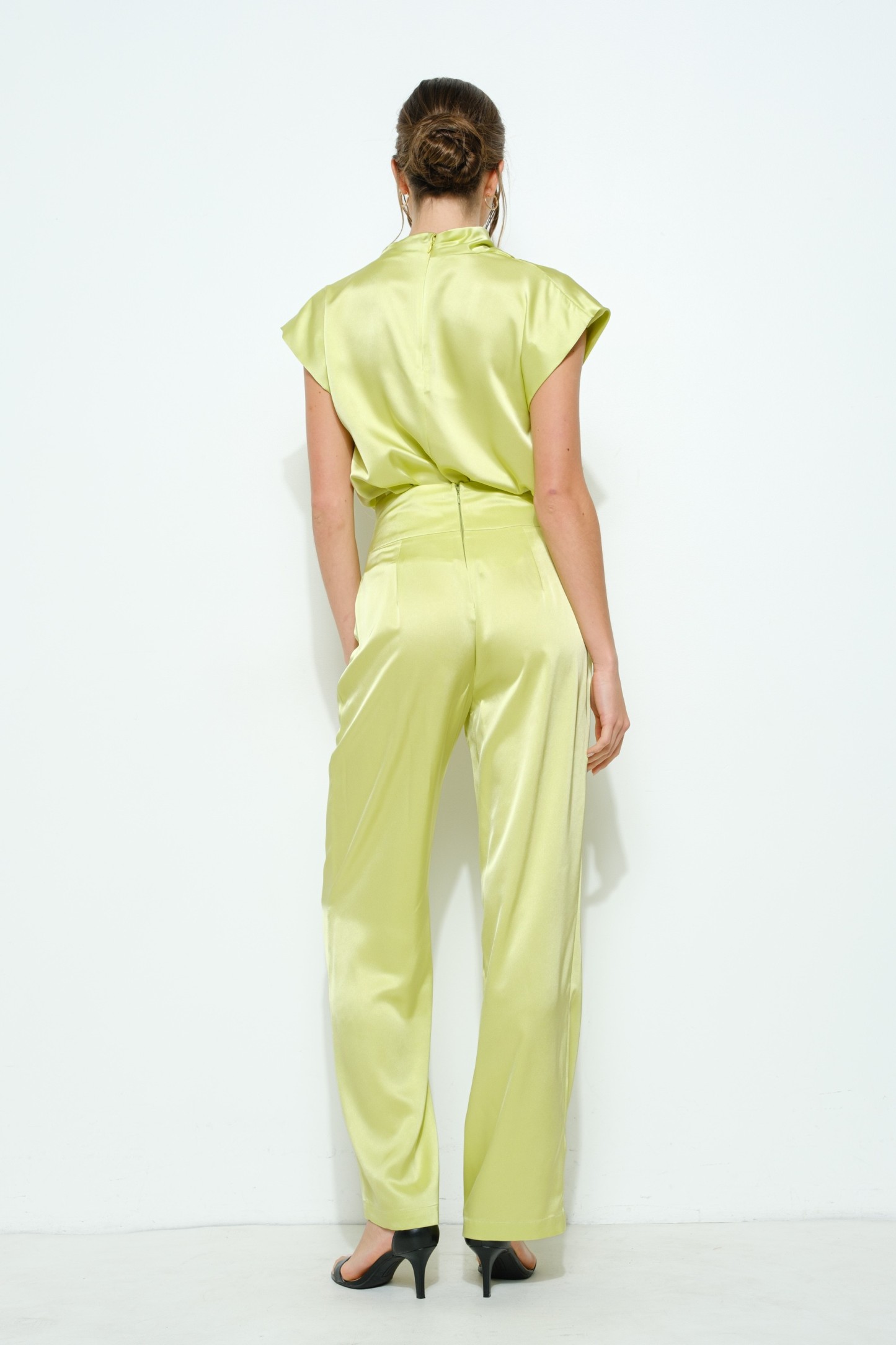 Satin Draped High-neck Cap-sleeve Top #23691171