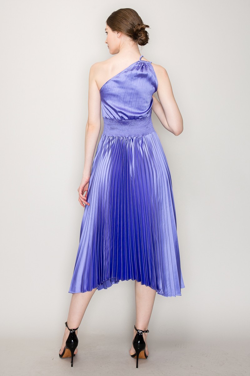 Pleated Satin One Shoulder Strap Cutout Midi Dress #23551381