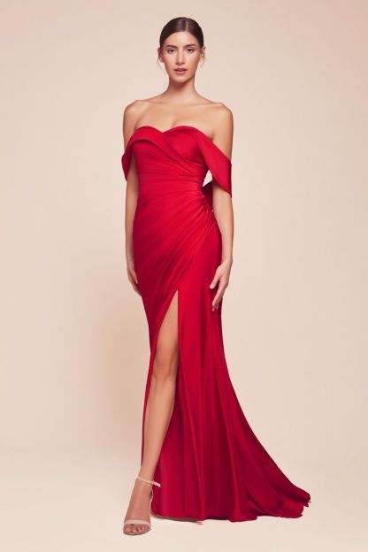 Fitted Sweetheart Off The Shoulder Stretch Spandex Pleated Gown CD790