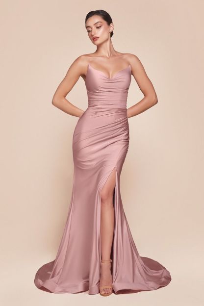 Fitted Strapless Pointed V-Neck Stretch Satin Gown CD791