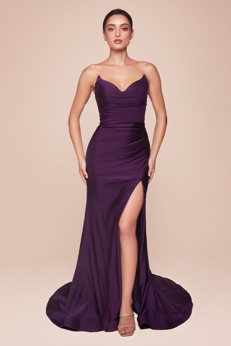 Fitted Strapless Pointed V-Neck Stretch Satin Gown CD791