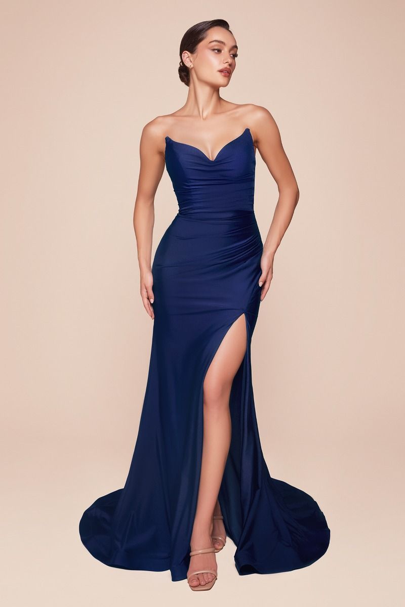 Fitted Strapless Pointed V-Neck Stretch Satin Gown CD791
