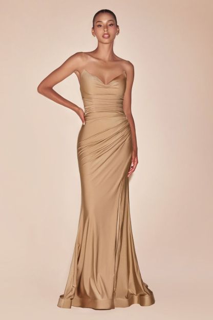 Fitted Strapless Pointed V-Neck Stretch Satin Gown CD791