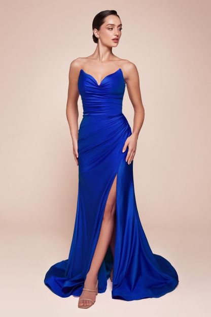 Fitted Strapless Pointed V-Neck Stretch Satin Gown CD791
