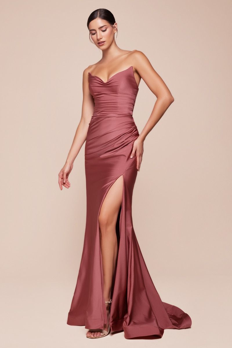 Fitted Strapless Pointed V-Neck Stretch Satin Gown CD791