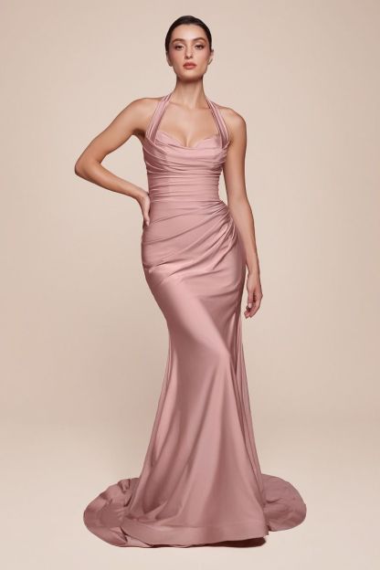 Fitted Stetch Satin Halter Sweetheart Gown CD796