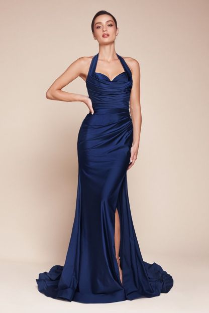 Fitted Stetch Satin Halter Sweetheart Gown CD796
