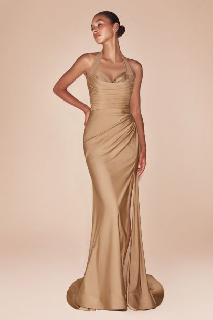 Fitted Stetch Satin Halter Sweetheart Gown CD796