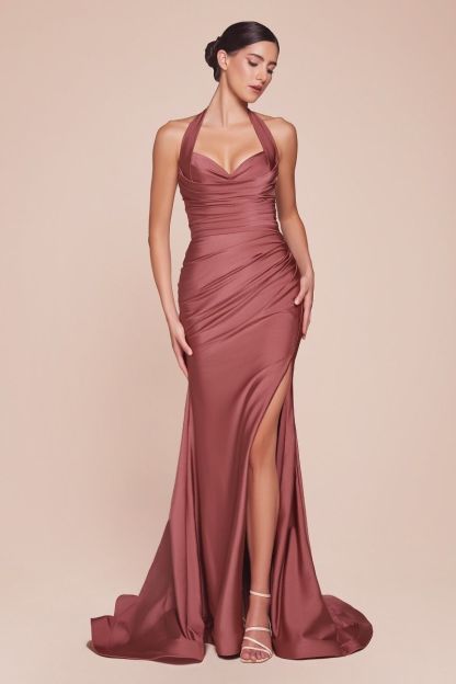 Fitted Stetch Satin Halter Sweetheart Gown CD796