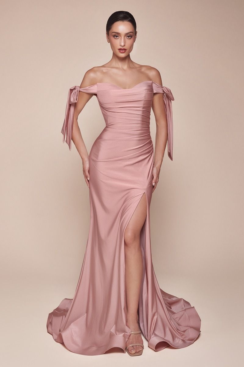 Fitted Off The Shoulder Stretch Luxe Jersey Ruched Gown CD943