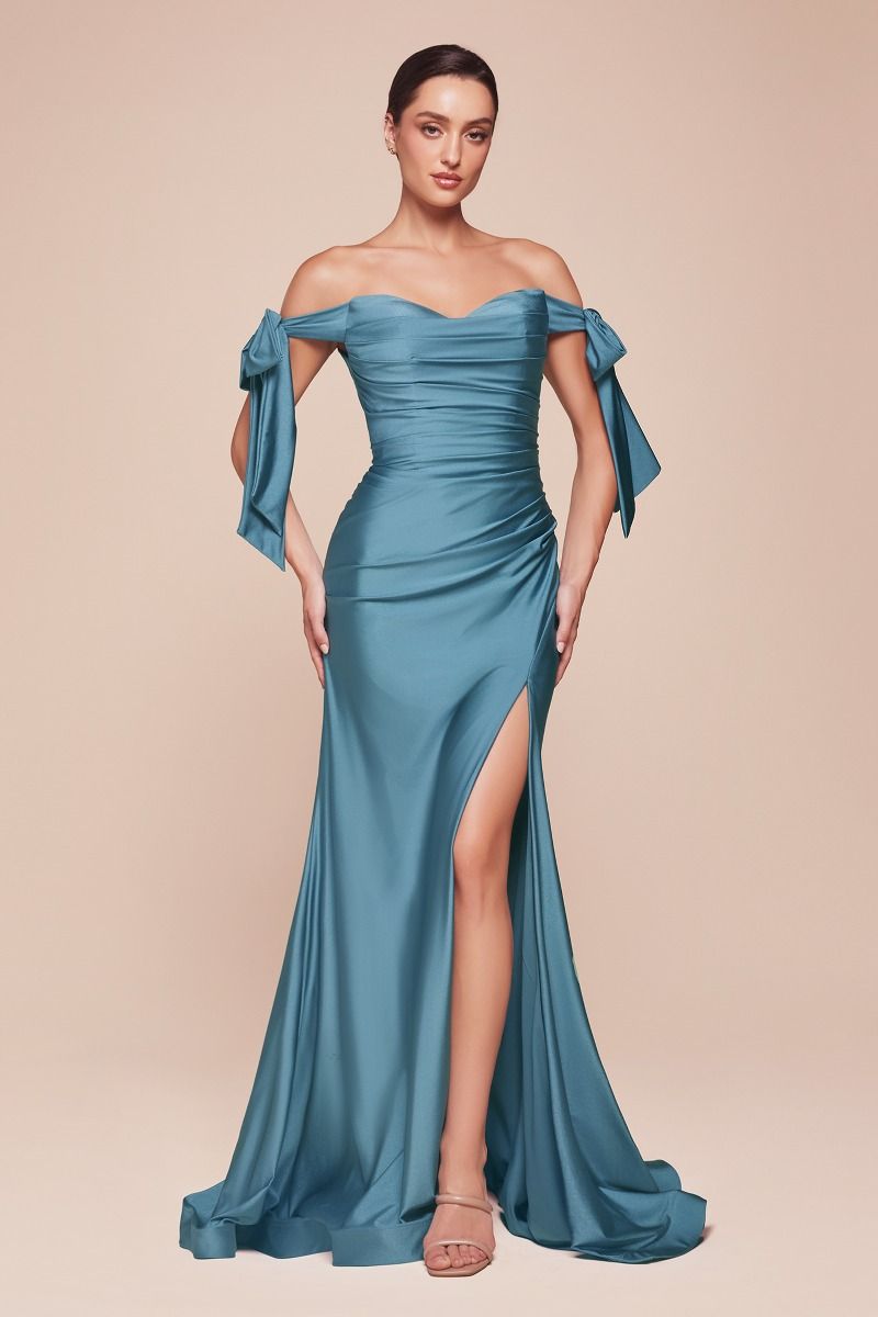 Fitted Off The Shoulder Stretch Luxe Jersey Ruched Gown CD943