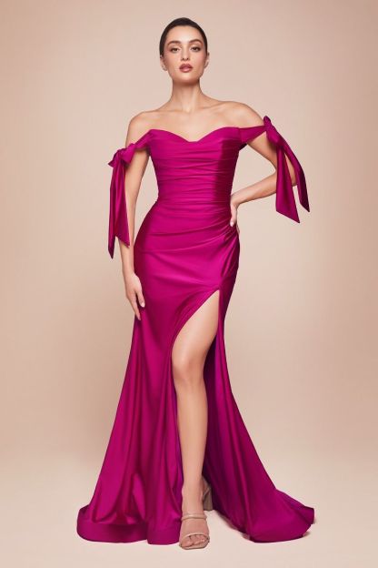 Fitted Off The Shoulder Stretch Luxe Jersey Ruched Gown CD943