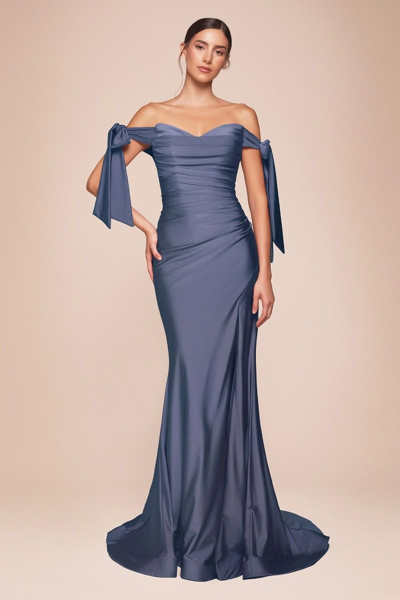 Fitted Off The Shoulder Stretch Luxe Jersey Ruched Gown CD943