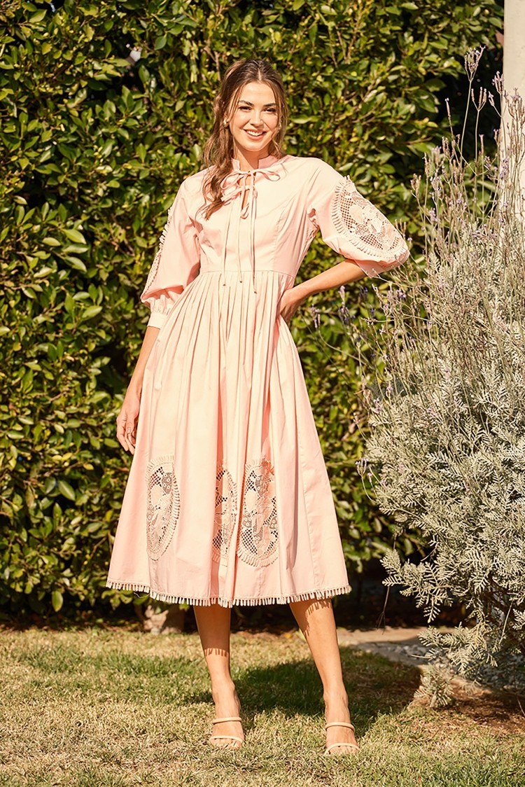 Cotton Lace Embroidered Balloon Sleeve Midi Dress #23536932