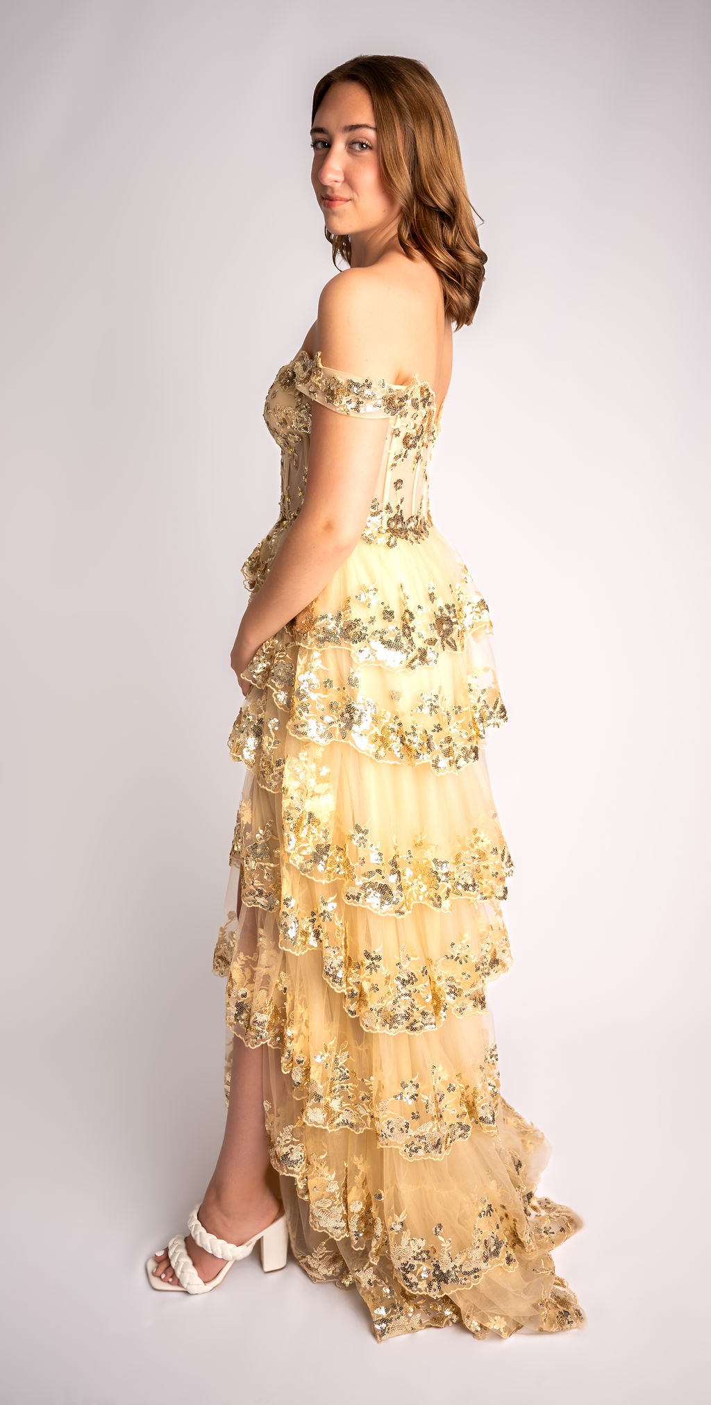 A-Line Sweetheart Tiered Ruffle Off-Shoulder Lace Prom Dress #CL008